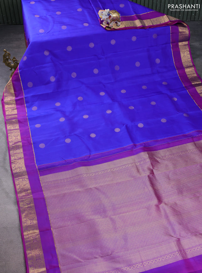 Pure kanchipuram silk saree blue and purple with zari woven buttas and rettapet zari woven border