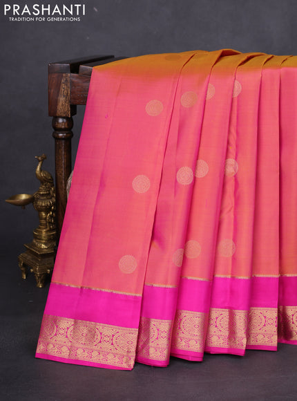 Pure kanchipuram silk saree dual shade of pinkish yellow and pink with zari woven buttas and rettapet zari woven border