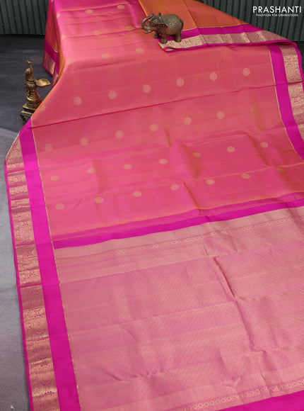 Pure kanchipuram silk saree dual shade of pinkish yellow and pink with zari woven buttas and rettapet zari woven border