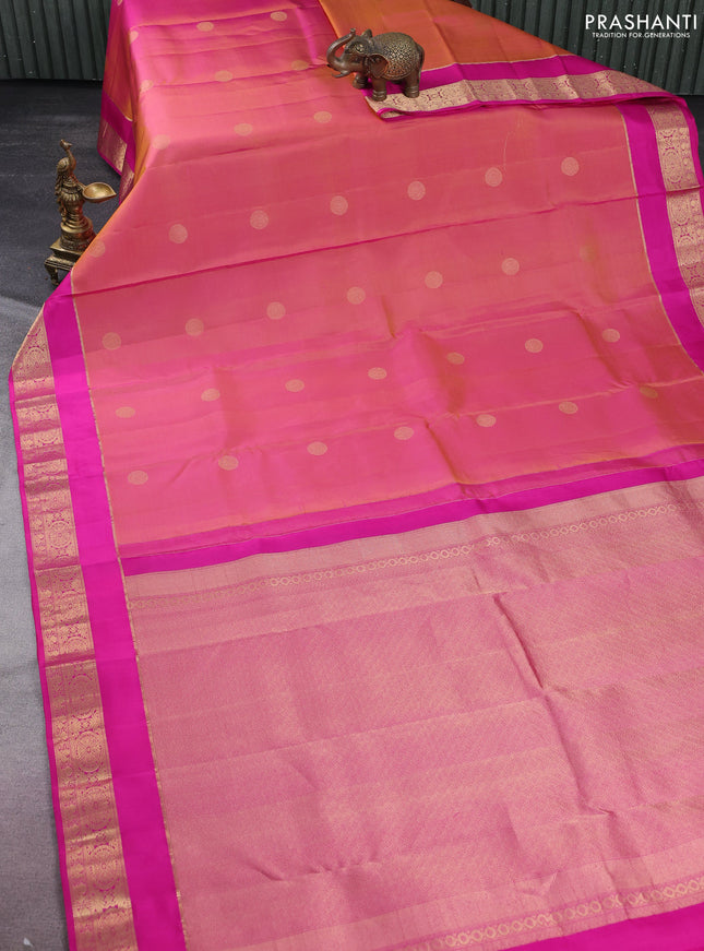 Pure kanchipuram silk saree dual shade of pinkish yellow and pink with zari woven buttas and rettapet zari woven border