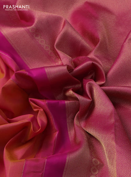 Pure kanchipuram silk saree dual shade of pinkish yellow and pink with zari woven buttas and rettapet zari woven border