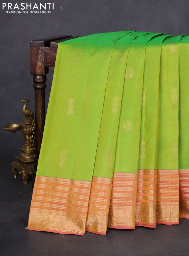 Pure kanchipuram silk saree light green and dual shade of pink with zari woven aanam buttas and rich zari woven border