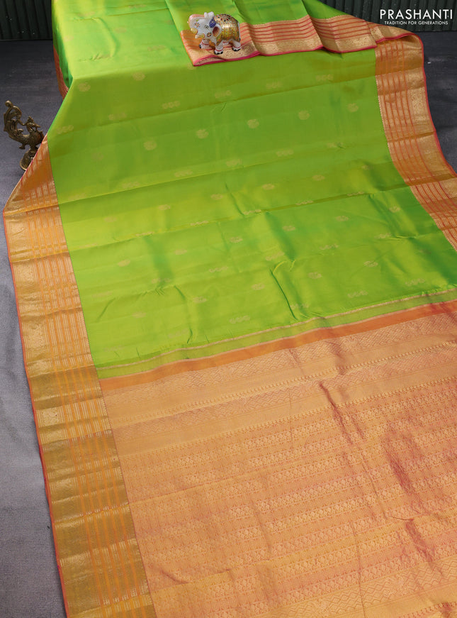 Pure kanchipuram silk saree light green and dual shade of pink with zari woven aanam buttas and rich zari woven border