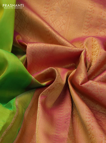 Pure kanchipuram silk saree light green and dual shade of pink with zari woven aanam buttas and rich zari woven border