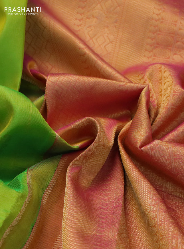 Pure kanchipuram silk saree light green and dual shade of pink with zari woven aanam buttas and rich zari woven border