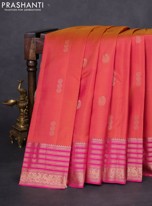 Pure kanchipuram silk saree dual shade of pinkish yellow and pink with zari woven aanam buttas and rich zari woven border