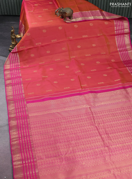 Pure kanchipuram silk saree dual shade of pinkish yellow and pink with zari woven aanam buttas and rich zari woven border