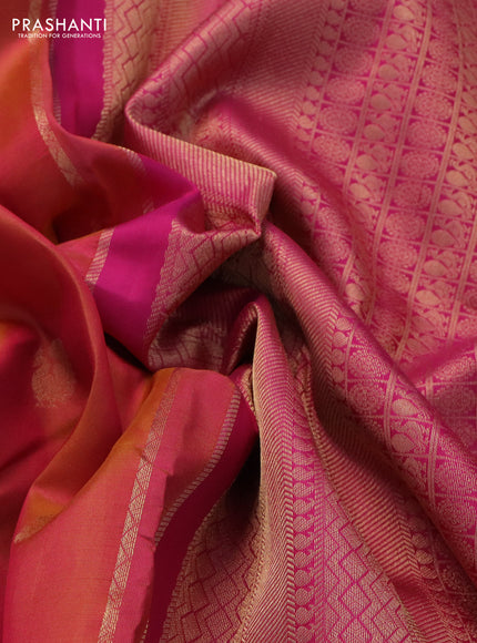 Pure kanchipuram silk saree dual shade of pinkish yellow and pink with zari woven aanam buttas and rich zari woven border
