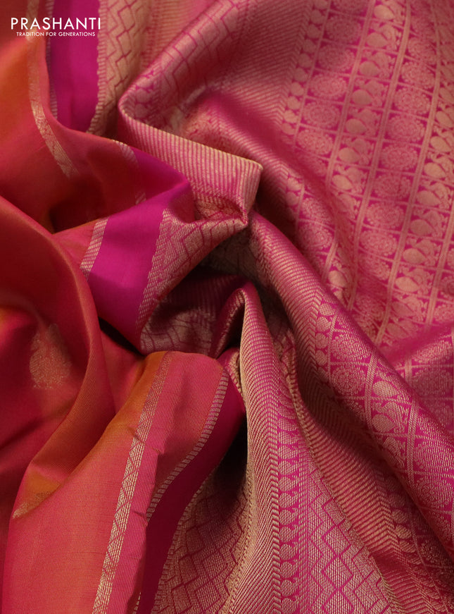 Pure kanchipuram silk saree dual shade of pinkish yellow and pink with zari woven aanam buttas and rich zari woven border