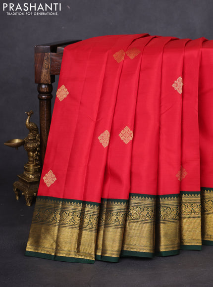 Pure kanchipuram silk saree red and bottle green with zari woven buttas and rich zari woven korvai border