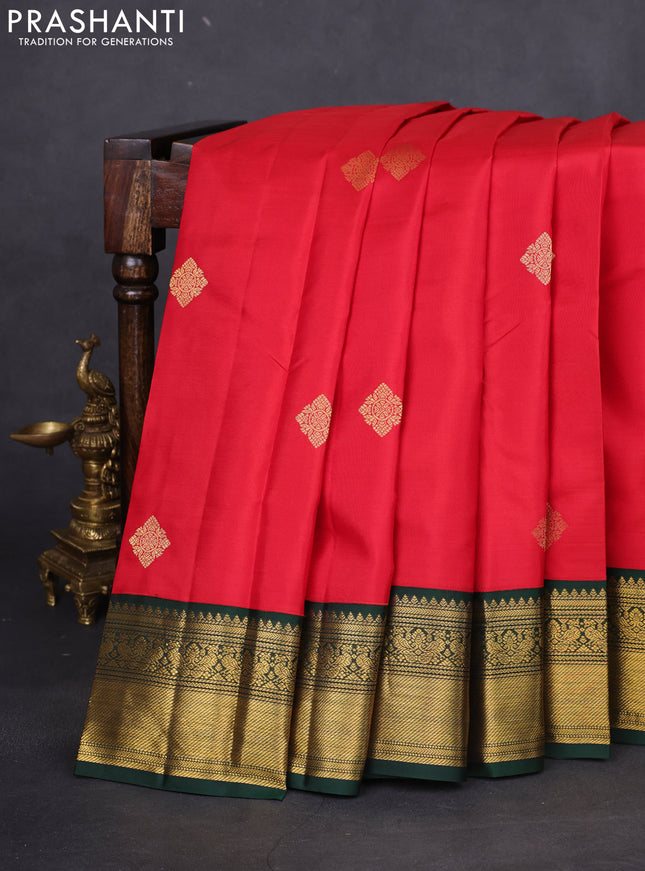 Pure kanchipuram silk saree red and bottle green with zari woven buttas and rich zari woven korvai border