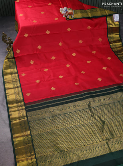 Pure kanchipuram silk saree red and bottle green with zari woven buttas and rich zari woven korvai border