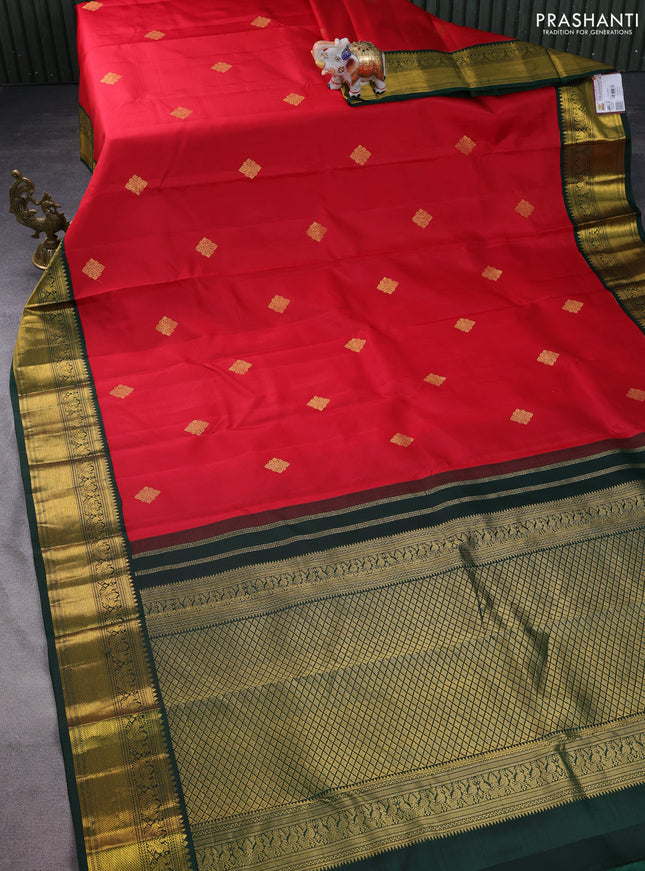 Pure kanchipuram silk saree red and bottle green with zari woven buttas and rich zari woven korvai border