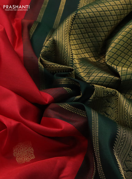 Pure kanchipuram silk saree red and bottle green with zari woven buttas and rich zari woven korvai border