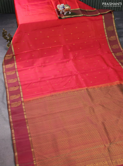 Pure kanchipuram silk saree dual shade of orange and dual shade of green with zari woven buttas and zari woven paisley butta border