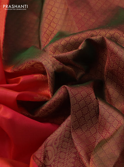 Pure kanchipuram silk saree dual shade of orange and dual shade of green with zari woven buttas and zari woven paisley butta border