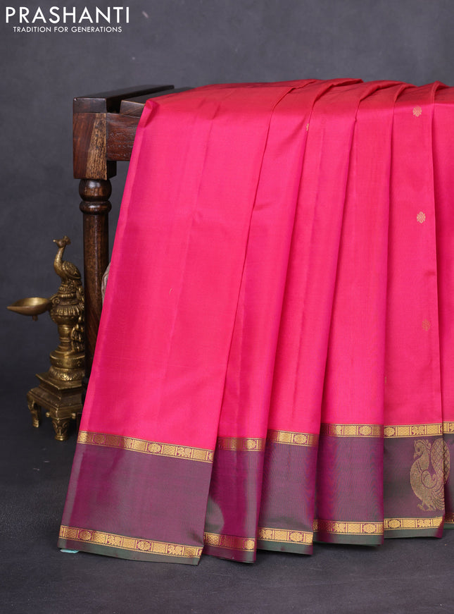 Pure kanchipuram silk saree pink and dual shade of greenish pink with zari woven buttas and zari woven annam butta border