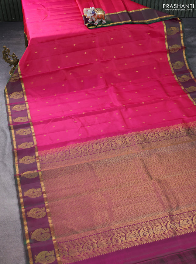Pure kanchipuram silk saree pink and dual shade of greenish pink with zari woven buttas and zari woven annam butta border