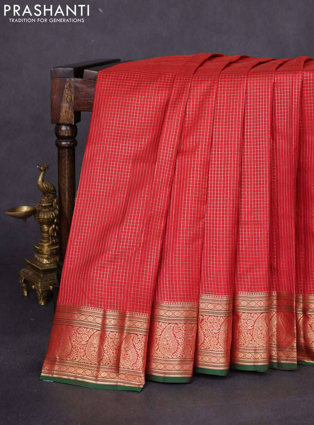 Pure kanchipuram silk saree maroon and green with allover small zari checked pattern and rich zari woven border