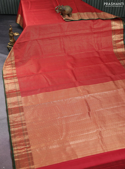 Pure kanchipuram silk saree maroon and green with allover small zari checked pattern and rich zari woven border