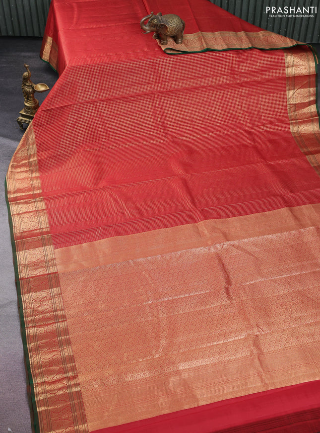 Pure kanchipuram silk saree maroon and green with allover small zari checked pattern and rich zari woven border