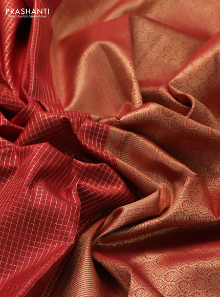 Pure kanchipuram silk saree maroon and green with allover small zari checked pattern and rich zari woven border