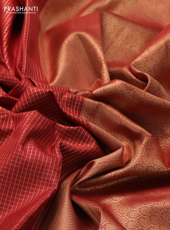 Pure kanchipuram silk saree maroon and green with allover small zari checked pattern and rich zari woven border