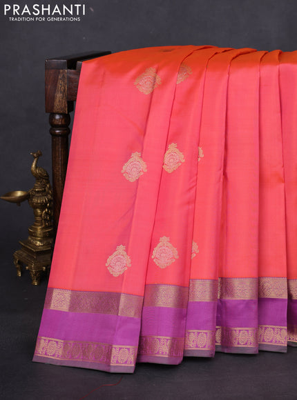 Pure kanchipuram silk saree peach orange and purple with zari woven buttas and rettapet zari woven border
