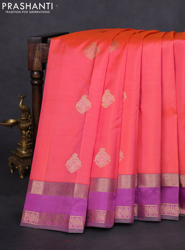 Pure kanchipuram silk saree peach orange and purple with zari woven buttas and rettapet zari woven border