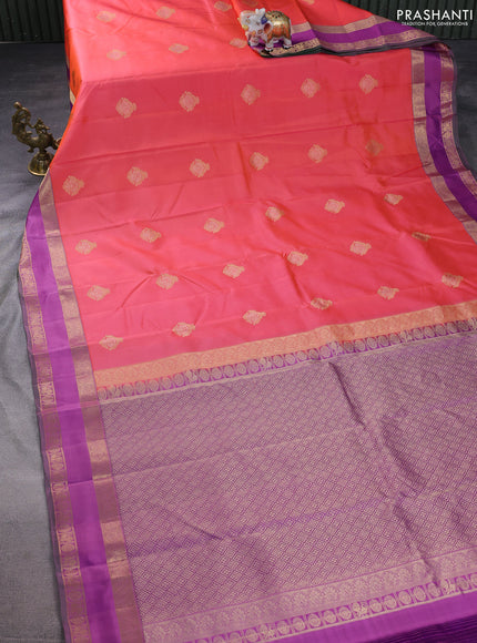 Pure kanchipuram silk saree peach orange and purple with zari woven buttas and rettapet zari woven border