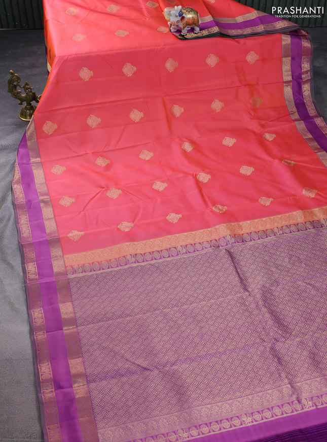 Pure kanchipuram silk saree peach orange and purple with zari woven buttas and rettapet zari woven border