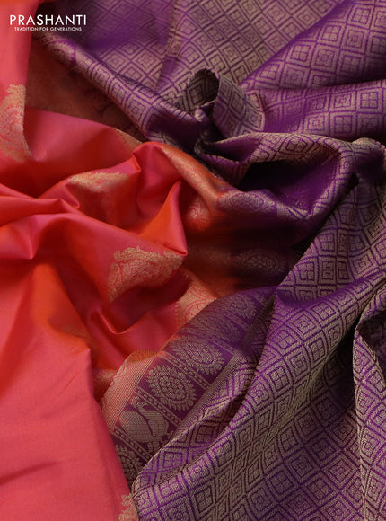 Pure kanchipuram silk saree peach orange and purple with zari woven buttas and rettapet zari woven border