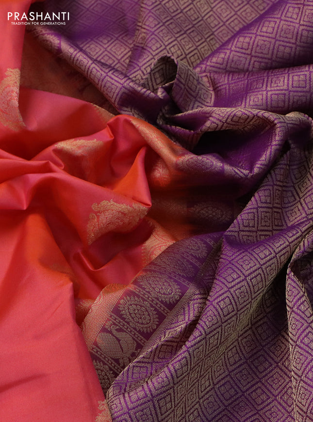 Pure kanchipuram silk saree peach orange and purple with zari woven buttas and rettapet zari woven border