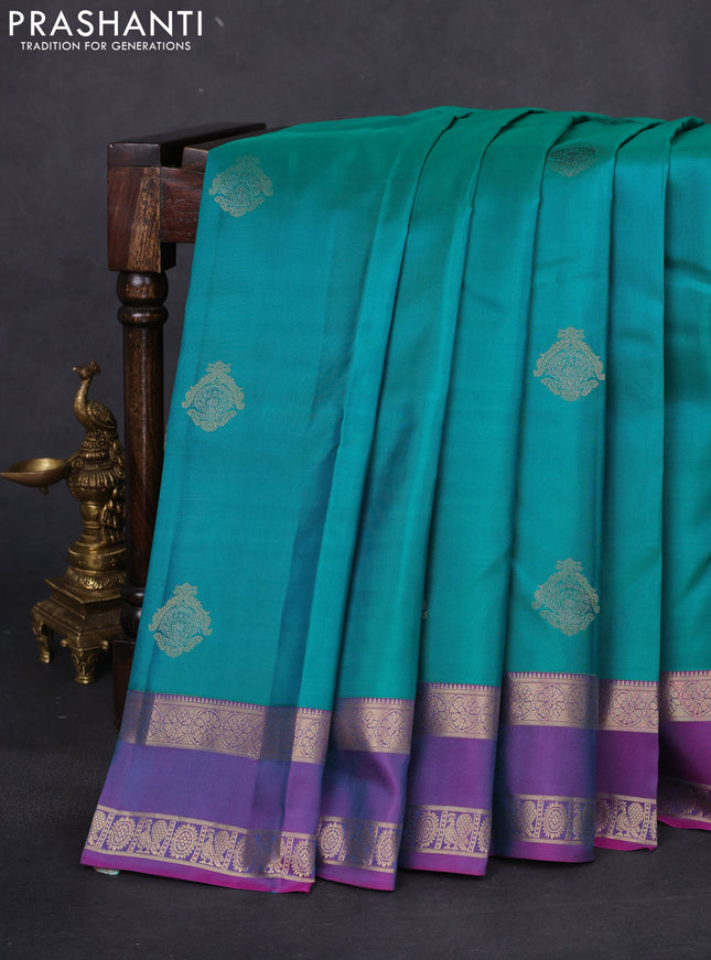 Pure kanchipuram silk saree green and purple with zari woven buttas and rettapet zari woven border