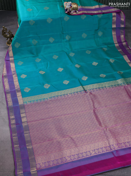 Pure kanchipuram silk saree green and purple with zari woven buttas and rettapet zari woven border