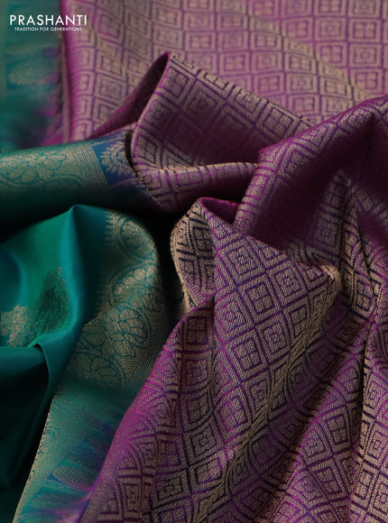 Pure kanchipuram silk saree green and purple with zari woven buttas and rettapet zari woven border
