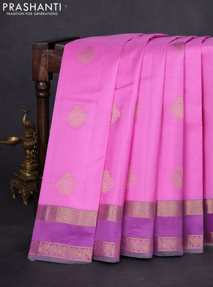 Pure kanchipuram silk saree light pink and purple with zari woven buttas and rettapet zari woven border