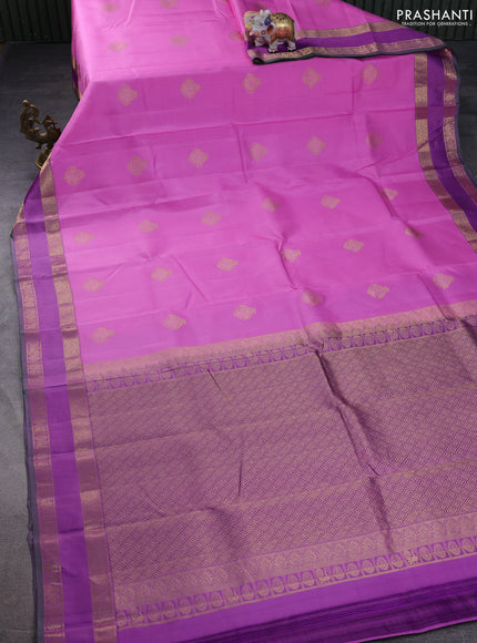 Pure kanchipuram silk saree light pink and purple with zari woven buttas and rettapet zari woven border