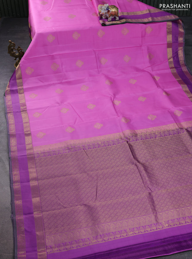 Pure kanchipuram silk saree light pink and purple with zari woven buttas and rettapet zari woven border