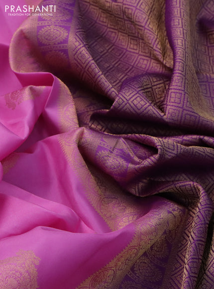 Pure kanchipuram silk saree light pink and purple with zari woven buttas and rettapet zari woven border
