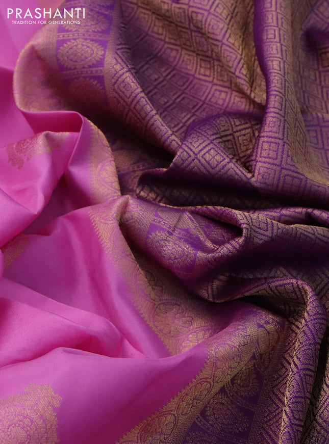 Pure kanchipuram silk saree light pink and purple with zari woven buttas and rettapet zari woven border