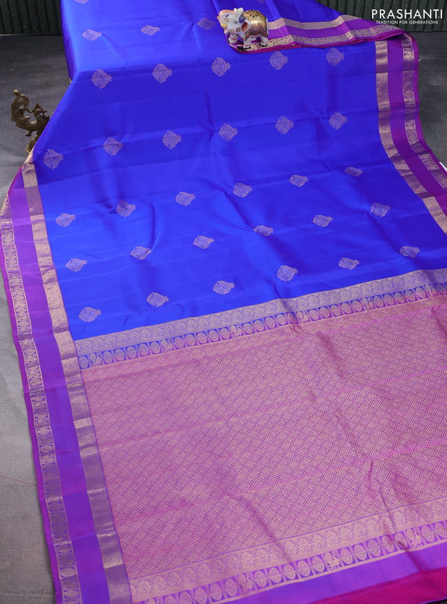 Pure kanchipuram silk saree royal blue and purple with allover zari woven buttas and rettapet zari woven border