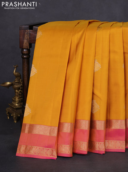 Pure kanchipuram silk saree mustard yellow and pink with allover zari woven buttas and rettapet zari woven border