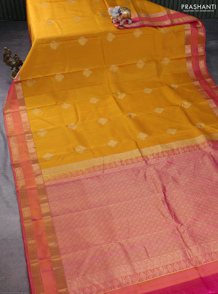 Pure kanchipuram silk saree mustard yellow and pink with allover zari woven buttas and rettapet zari woven border