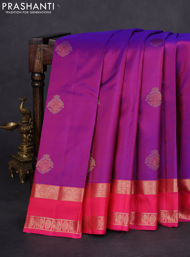 Pure kanchipuram silk saree purple and pink with allover zari woven buttas and rettapet zari woven border