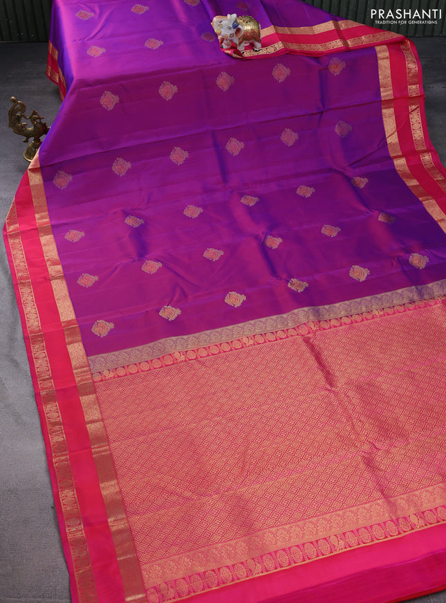 Pure kanchipuram silk saree purple and pink with allover zari woven buttas and rettapet zari woven border