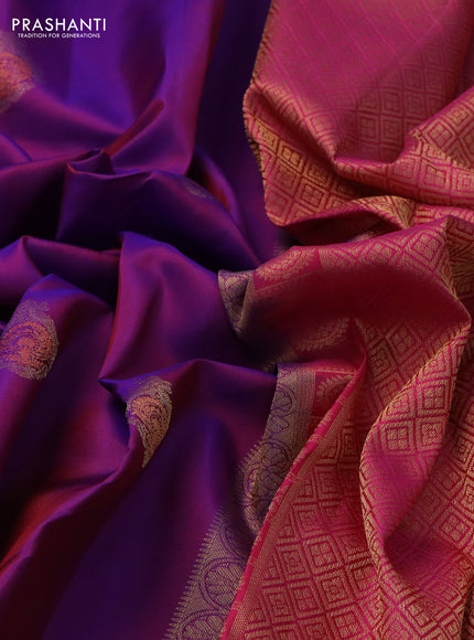 Pure kanchipuram silk saree purple and pink with allover zari woven buttas and rettapet zari woven border