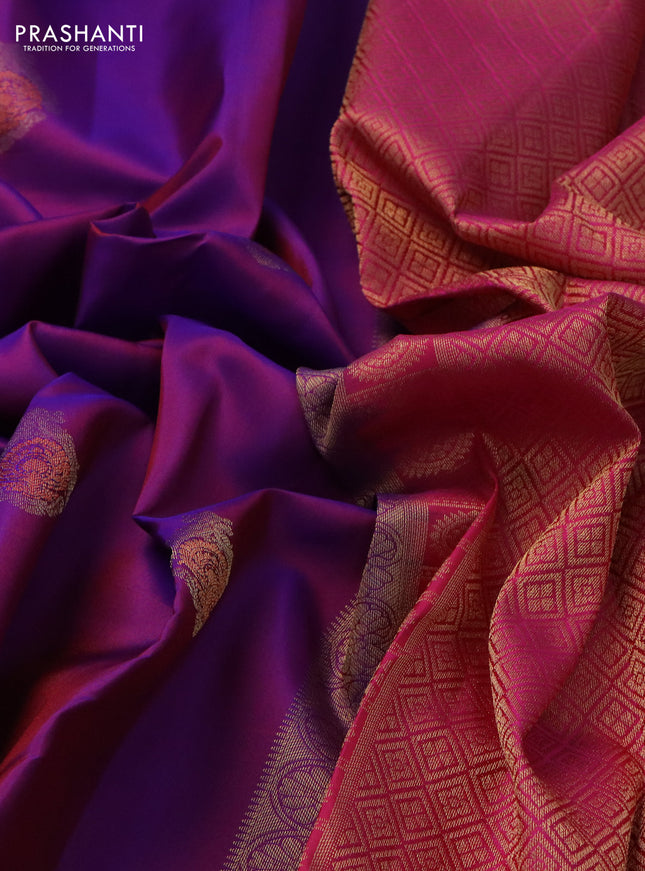 Pure kanchipuram silk saree purple and pink with allover zari woven buttas and rettapet zari woven border
