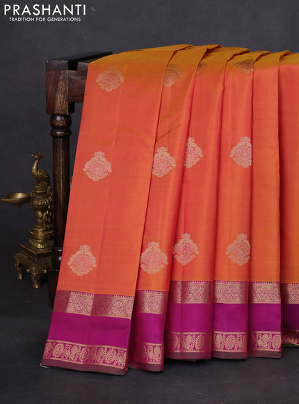 Pure kanchipuram silk saree dual shade of dark mustard and purple with zari woven buttas and rettapet zari woven border