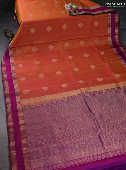 Pure kanchipuram silk saree dual shade of dark mustard and purple with zari woven buttas and rettapet zari woven border